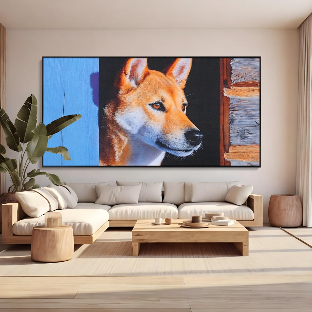 Tablou Canvas Premium, LuxCanva® M1295, Gardianul Zorilor, Rustic, Cabana, Lemn, Shiba, Catel, Zori, Privire, Profil, Umbra, Liniste, Portret, Birou, Living, Camera Copil