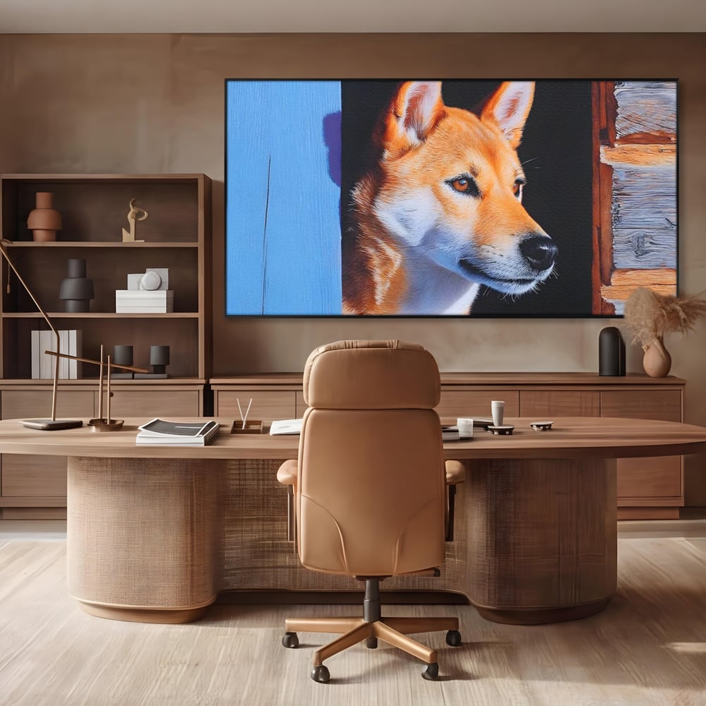 Tablou Canvas Premium, LuxCanva® M1295, Gardianul Zorilor, Rustic, Cabana, Lemn, Shiba, Catel, Zori, Privire, Profil, Umbra, Liniste, Portret, Birou, Living, Camera Copil