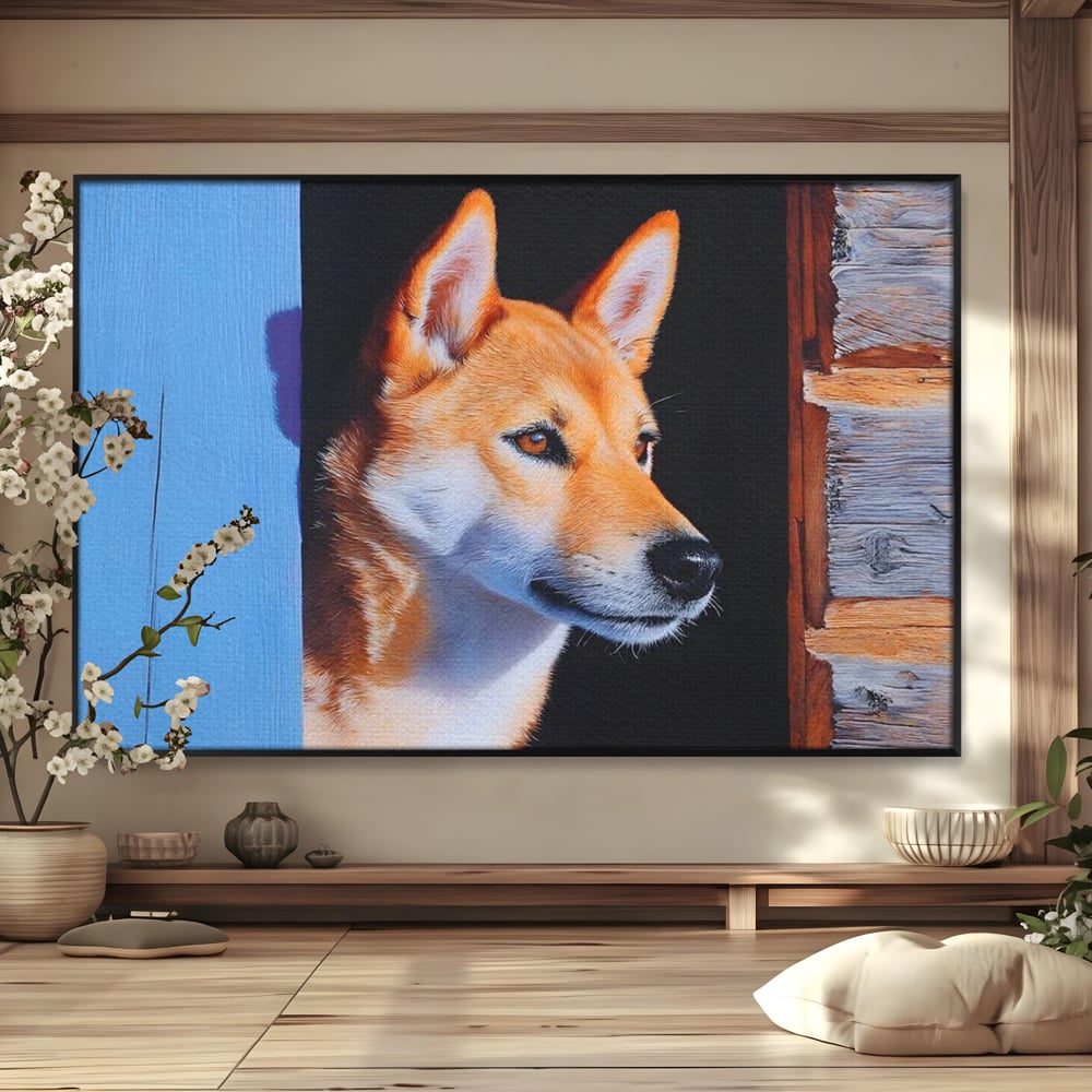 Tablou Canvas Premium, LuxCanva® M1295, Gardianul Zorilor, Rustic, Cabana, Lemn, Shiba, Catel, Zori, Privire, Profil, Umbra, Liniste, Portret, Birou, Living, Camera Copil
