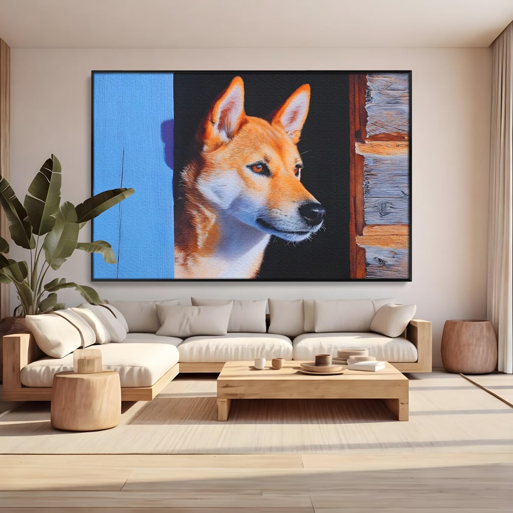 Tablou Canvas Premium, LuxCanva® M1295, Gardianul Zorilor, Rustic, Cabana, Lemn, Shiba, Catel, Zori, Privire, Profil, Umbra, Liniste, Portret, Birou, Living, Camera Copil
