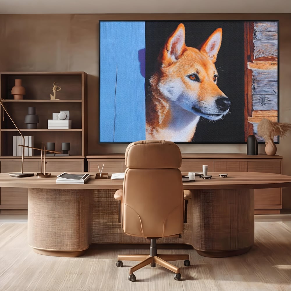 Tablou Canvas Premium, LuxCanva® M1295, Gardianul Zorilor, Rustic, Cabana, Lemn, Shiba, Catel, Zori, Privire, Profil, Umbra, Liniste, Portret, Birou, Living, Camera Copil