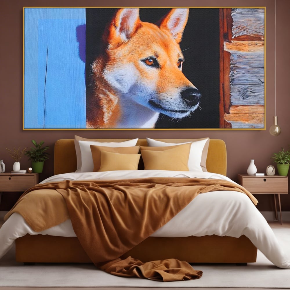 Tablou Canvas Premium, LuxCanva® M1295, Gardianul Zorilor, Rustic, Cabana, Lemn, Shiba, Catel, Zori, Privire, Profil, Umbra, Liniste, Portret, Birou, Living, Camera Copil