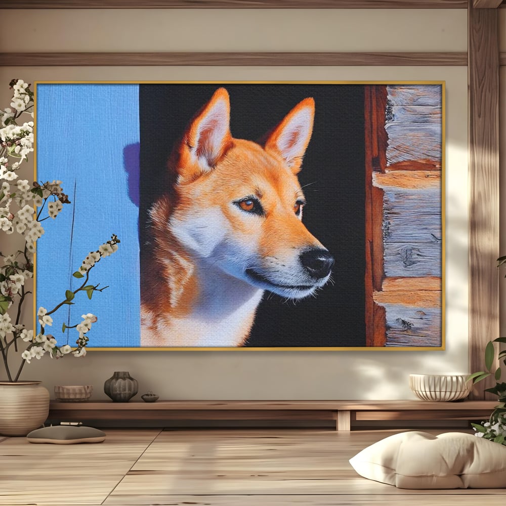 Tablou Canvas Premium, LuxCanva® M1295, Gardianul Zorilor, Rustic, Cabana, Lemn, Shiba, Catel, Zori, Privire, Profil, Umbra, Liniste, Portret, Birou, Living, Camera Copil