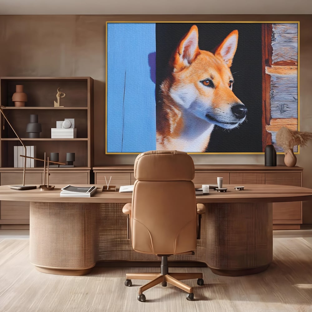 Tablou Canvas Premium, LuxCanva® M1295, Gardianul Zorilor, Rustic, Cabana, Lemn, Shiba, Catel, Zori, Privire, Profil, Umbra, Liniste, Portret, Birou, Living, Camera Copil
