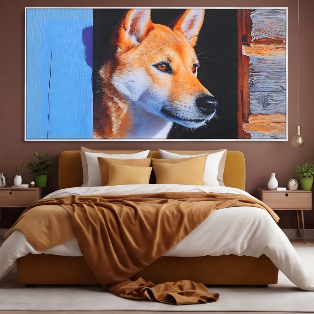 Tablou Canvas Premium, LuxCanva® M1295, Gardianul Zorilor, Rustic, Cabana, Lemn, Shiba, Catel, Zori, Privire, Profil, Umbra, Liniste, Portret, Birou, Living, Camera Copil