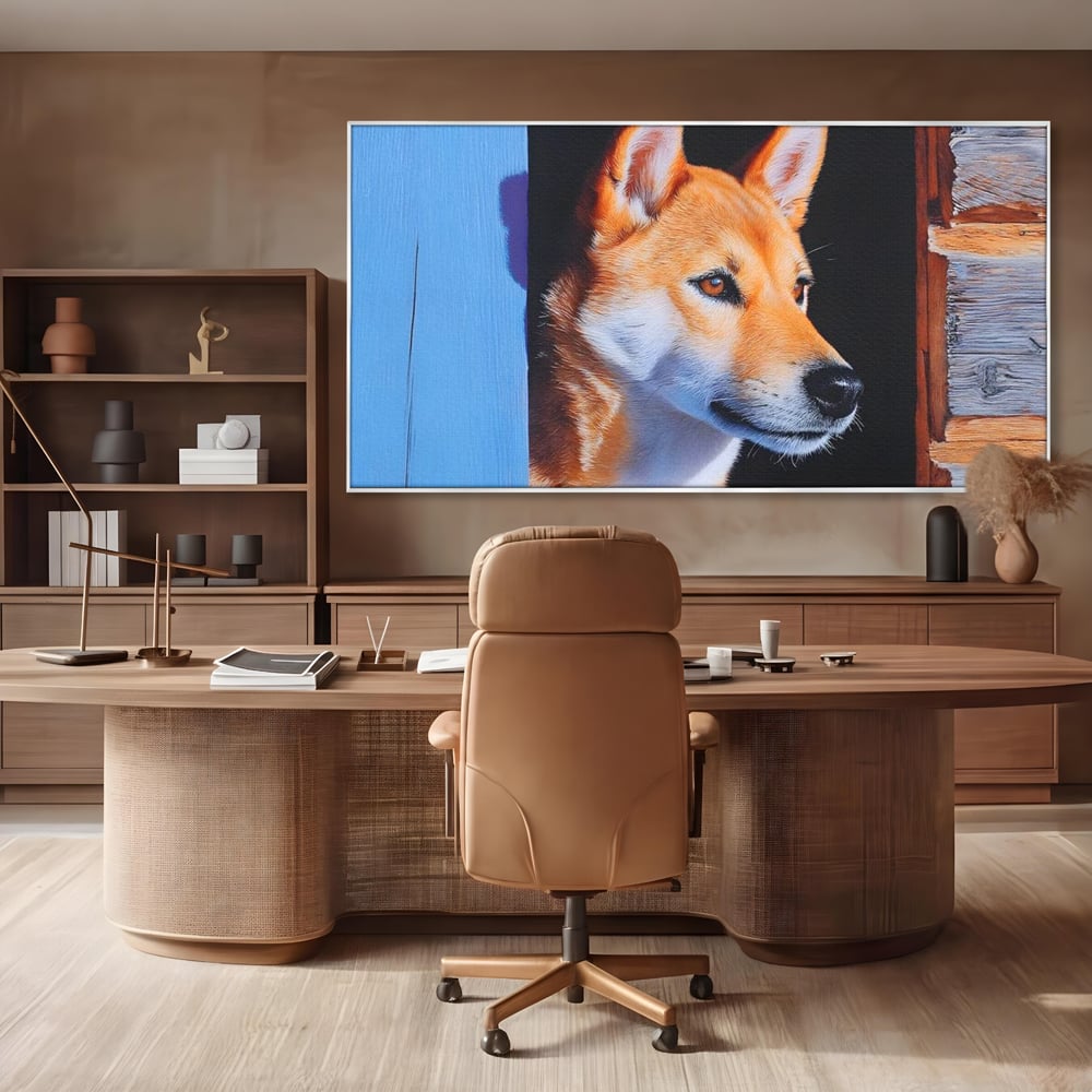 Tablou Canvas Premium, LuxCanva® M1295, Gardianul Zorilor, Rustic, Cabana, Lemn, Shiba, Catel, Zori, Privire, Profil, Umbra, Liniste, Portret, Birou, Living, Camera Copil