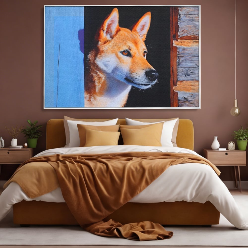 Tablou Canvas Premium, LuxCanva® M1295, Gardianul Zorilor, Rustic, Cabana, Lemn, Shiba, Catel, Zori, Privire, Profil, Umbra, Liniste, Portret, Birou, Living, Camera Copil