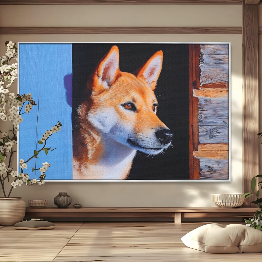 Tablou Canvas Premium, LuxCanva® M1295, Gardianul Zorilor, Rustic, Cabana, Lemn, Shiba, Catel, Zori, Privire, Profil, Umbra, Liniste, Portret, Birou, Living, Camera Copil