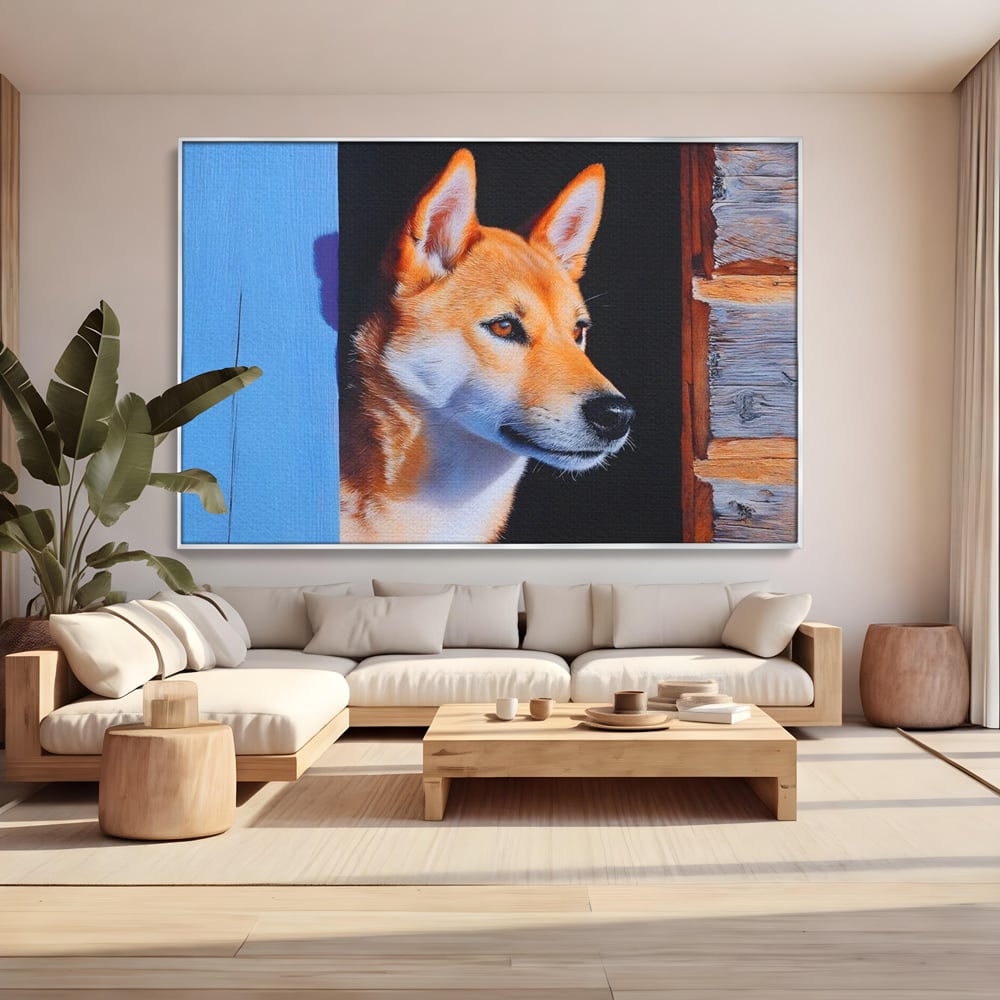 Tablou Canvas Premium, LuxCanva® M1295, Gardianul Zorilor, Rustic, Cabana, Lemn, Shiba, Catel, Zori, Privire, Profil, Umbra, Liniste, Portret, Birou, Living, Camera Copil
