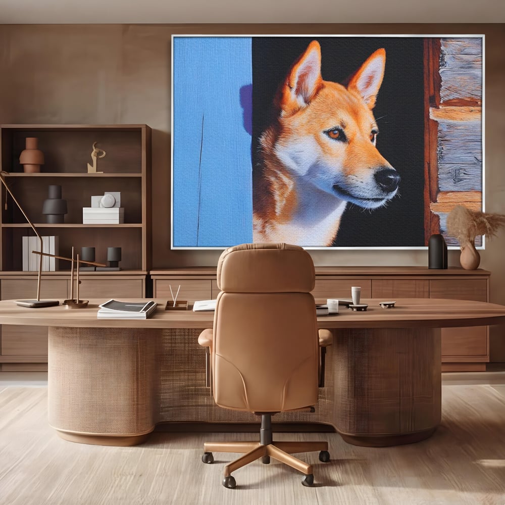 Tablou Canvas Premium, LuxCanva® M1295, Gardianul Zorilor, Rustic, Cabana, Lemn, Shiba, Catel, Zori, Privire, Profil, Umbra, Liniste, Portret, Birou, Living, Camera Copil