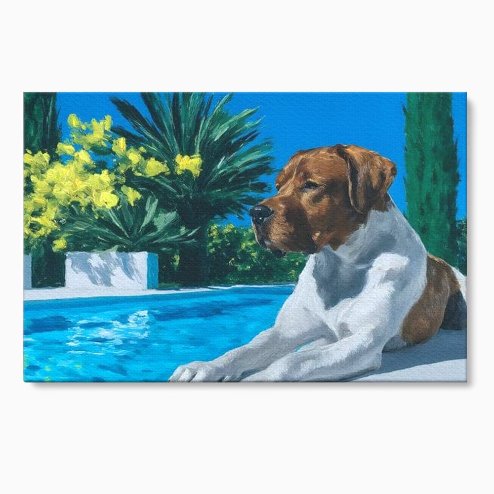 Tablou Canvas Premium, LuxCanva® M1296, In Paradisul Verii, Piscina, Apa, Vacanta, Relaxare, Vegetatie, Vara, Caldura, Caine, Soare, Rasfat, Lux, Birou, Living, Camera Copil