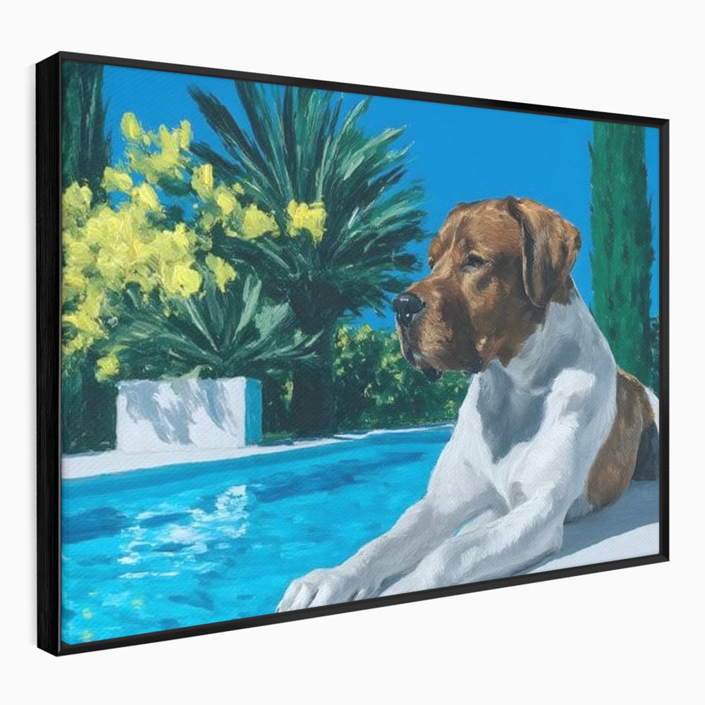 Tablou Canvas Premium, LuxCanva® M1296, In Paradisul Verii, Piscina, Apa, Vacanta, Relaxare, Vegetatie, Vara, Caldura, Caine, Soare, Rasfat, Lux, Birou, Living, Camera Copil