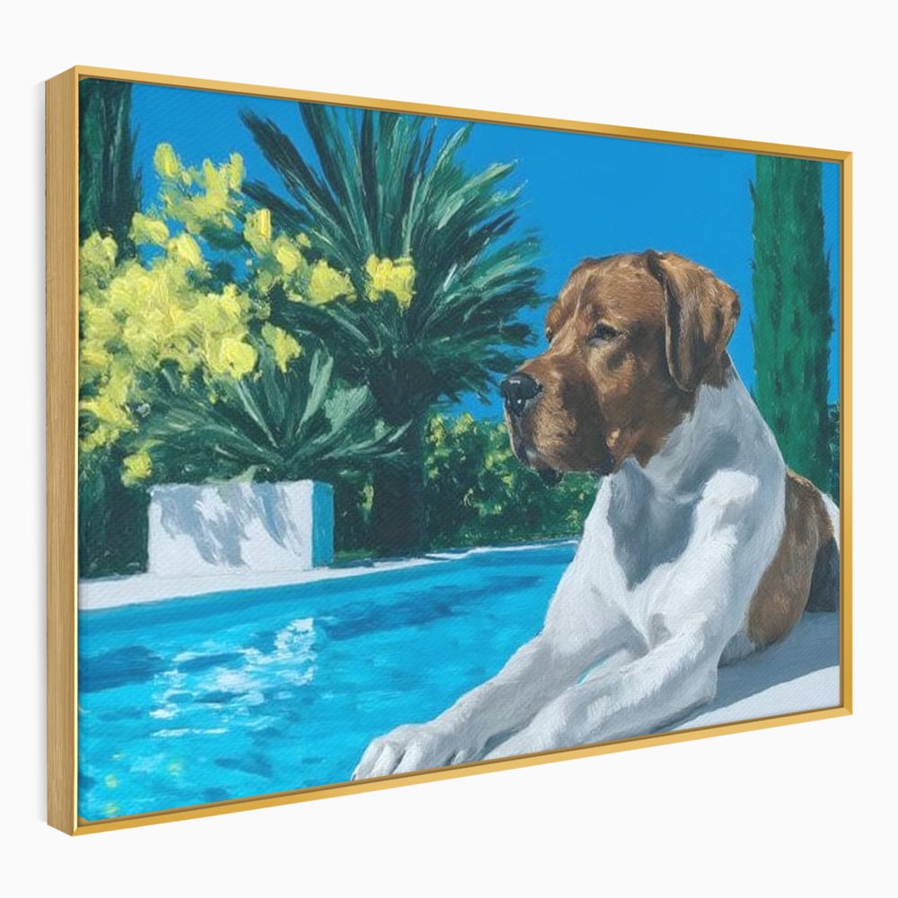 Tablou Canvas Premium, LuxCanva® M1296, In Paradisul Verii, Piscina, Apa, Vacanta, Relaxare, Vegetatie, Vara, Caldura, Caine, Soare, Rasfat, Lux, Birou, Living, Camera Copil