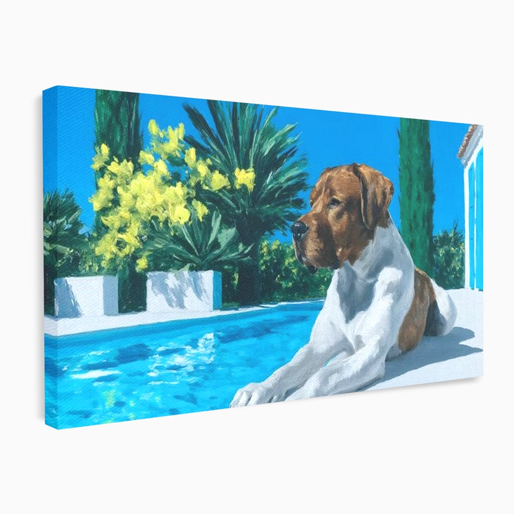Tablou Canvas Premium, LuxCanva® M1296, In Paradisul Verii, Piscina, Apa, Vacanta, Relaxare, Vegetatie, Vara, Caldura, Caine, Soare, Rasfat, Lux, Birou, Living, Camera Copil