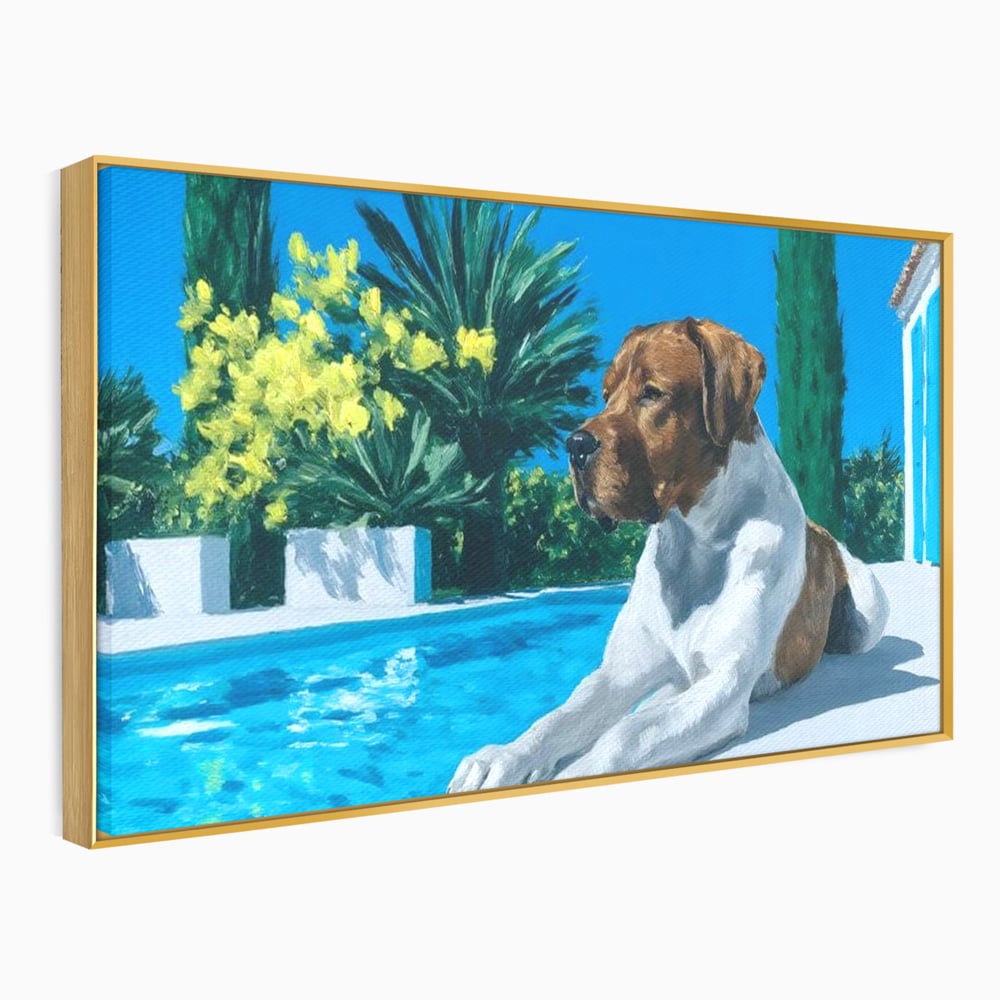 Tablou Canvas Premium, LuxCanva® M1296, In Paradisul Verii, Piscina, Apa, Vacanta, Relaxare, Vegetatie, Vara, Caldura, Caine, Soare, Rasfat, Lux, Birou, Living, Camera Copil