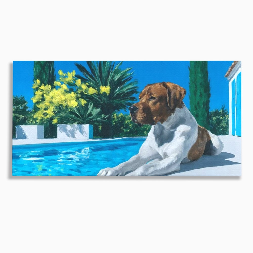 Tablou Canvas Premium, LuxCanva® M1296, In Paradisul Verii, Piscina, Apa, Vacanta, Relaxare, Vegetatie, Vara, Caldura, Caine, Soare, Rasfat, Lux, Birou, Living, Camera Copil