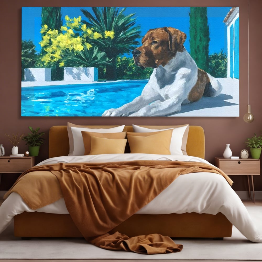 Tablou Canvas Premium, LuxCanva® M1296, In Paradisul Verii, Piscina, Apa, Vacanta, Relaxare, Vegetatie, Vara, Caldura, Caine, Soare, Rasfat, Lux, Birou, Living, Camera Copil