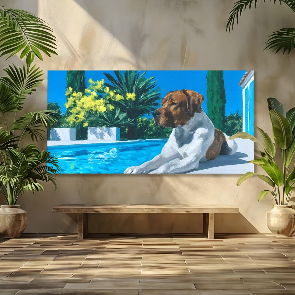 Tablou Canvas Premium, LuxCanva® M1296, In Paradisul Verii, Piscina, Apa, Vacanta, Relaxare, Vegetatie, Vara, Caldura, Caine, Soare, Rasfat, Lux, Birou, Living, Camera Copil