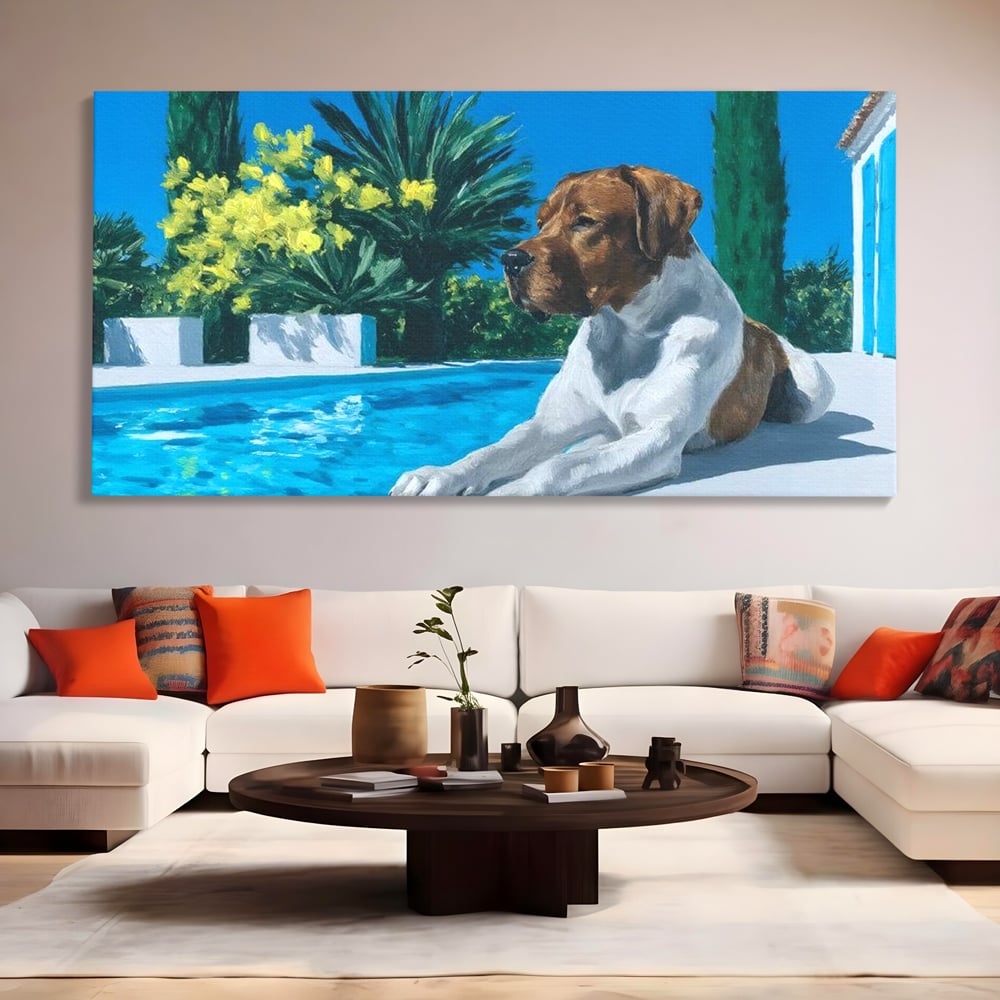 Tablou Canvas Premium, LuxCanva® M1296, In Paradisul Verii, Piscina, Apa, Vacanta, Relaxare, Vegetatie, Vara, Caldura, Caine, Soare, Rasfat, Lux, Birou, Living, Camera Copil