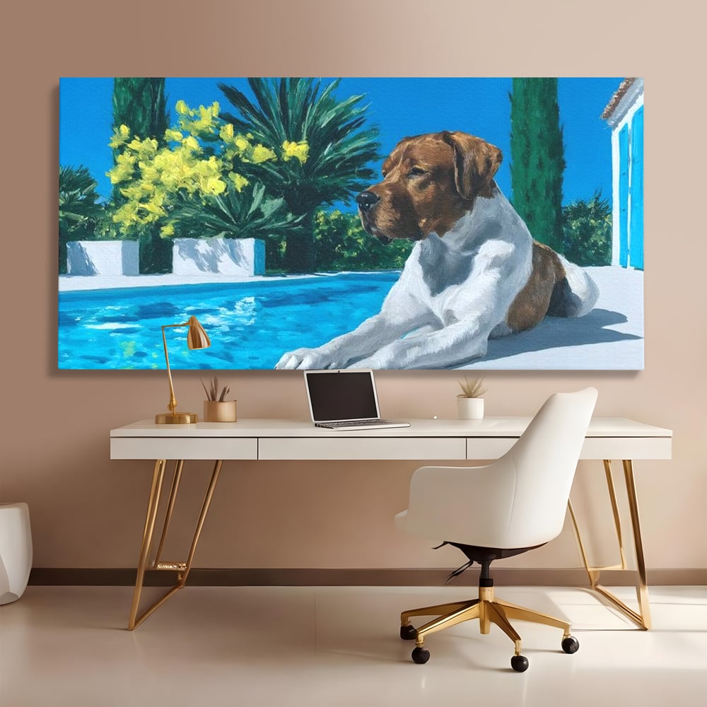 Tablou Canvas Premium, LuxCanva® M1296, In Paradisul Verii, Piscina, Apa, Vacanta, Relaxare, Vegetatie, Vara, Caldura, Caine, Soare, Rasfat, Lux, Birou, Living, Camera Copil