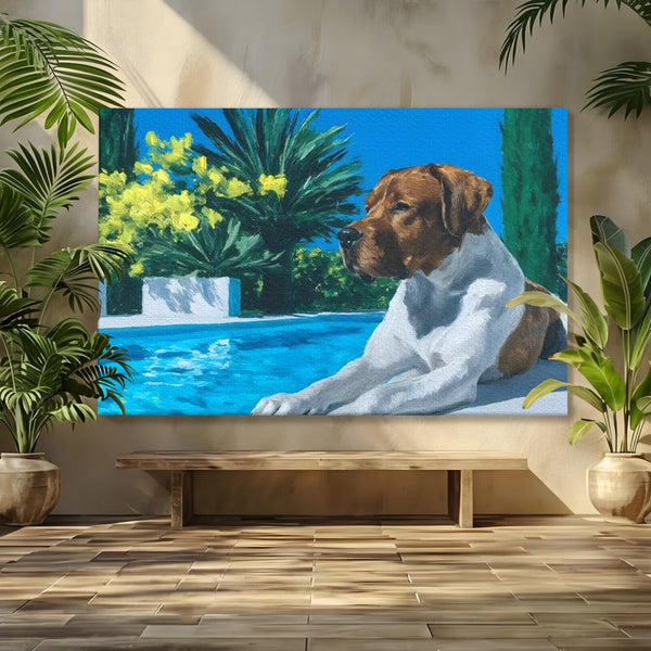 Tablou Canvas Premium, LuxCanva® M1296, In Paradisul Verii, Piscina, Apa, Vacanta, Relaxare, Vegetatie, Vara, Caldura, Caine, Soare, Rasfat, Lux, Birou, Living, Camera Copil