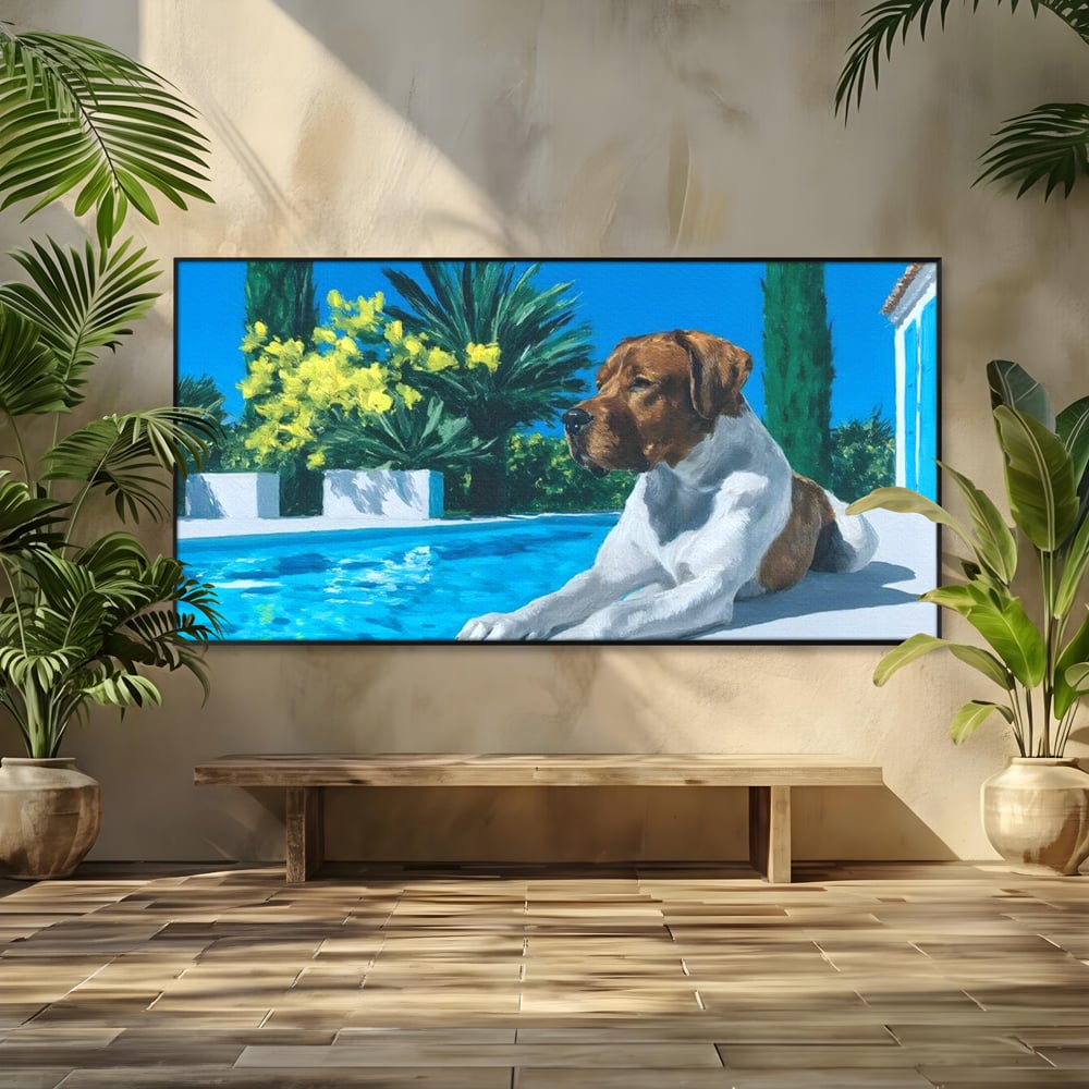 Tablou Canvas Premium, LuxCanva® M1296, In Paradisul Verii, Piscina, Apa, Vacanta, Relaxare, Vegetatie, Vara, Caldura, Caine, Soare, Rasfat, Lux, Birou, Living, Camera Copil