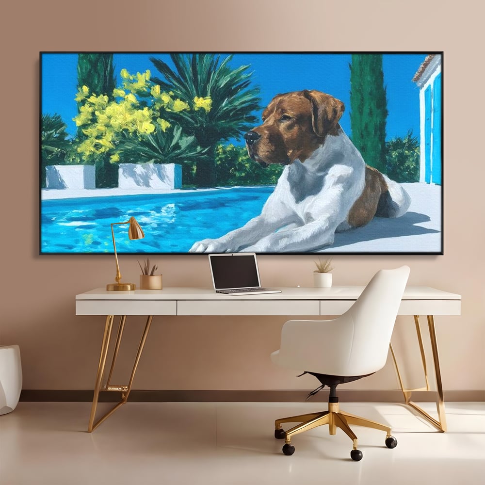 Tablou Canvas Premium, LuxCanva® M1296, In Paradisul Verii, Piscina, Apa, Vacanta, Relaxare, Vegetatie, Vara, Caldura, Caine, Soare, Rasfat, Lux, Birou, Living, Camera Copil