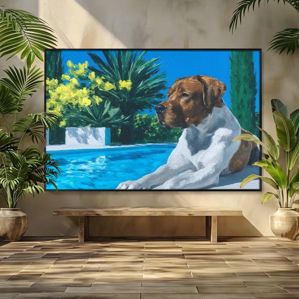 Tablou Canvas Premium, LuxCanva® M1296, In Paradisul Verii, Piscina, Apa, Vacanta, Relaxare, Vegetatie, Vara, Caldura, Caine, Soare, Rasfat, Lux, Birou, Living, Camera Copil