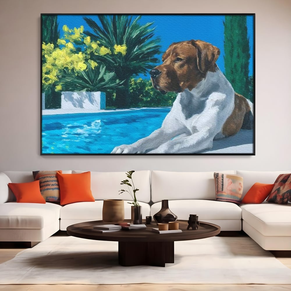Tablou Canvas Premium, LuxCanva® M1296, In Paradisul Verii, Piscina, Apa, Vacanta, Relaxare, Vegetatie, Vara, Caldura, Caine, Soare, Rasfat, Lux, Birou, Living, Camera Copil