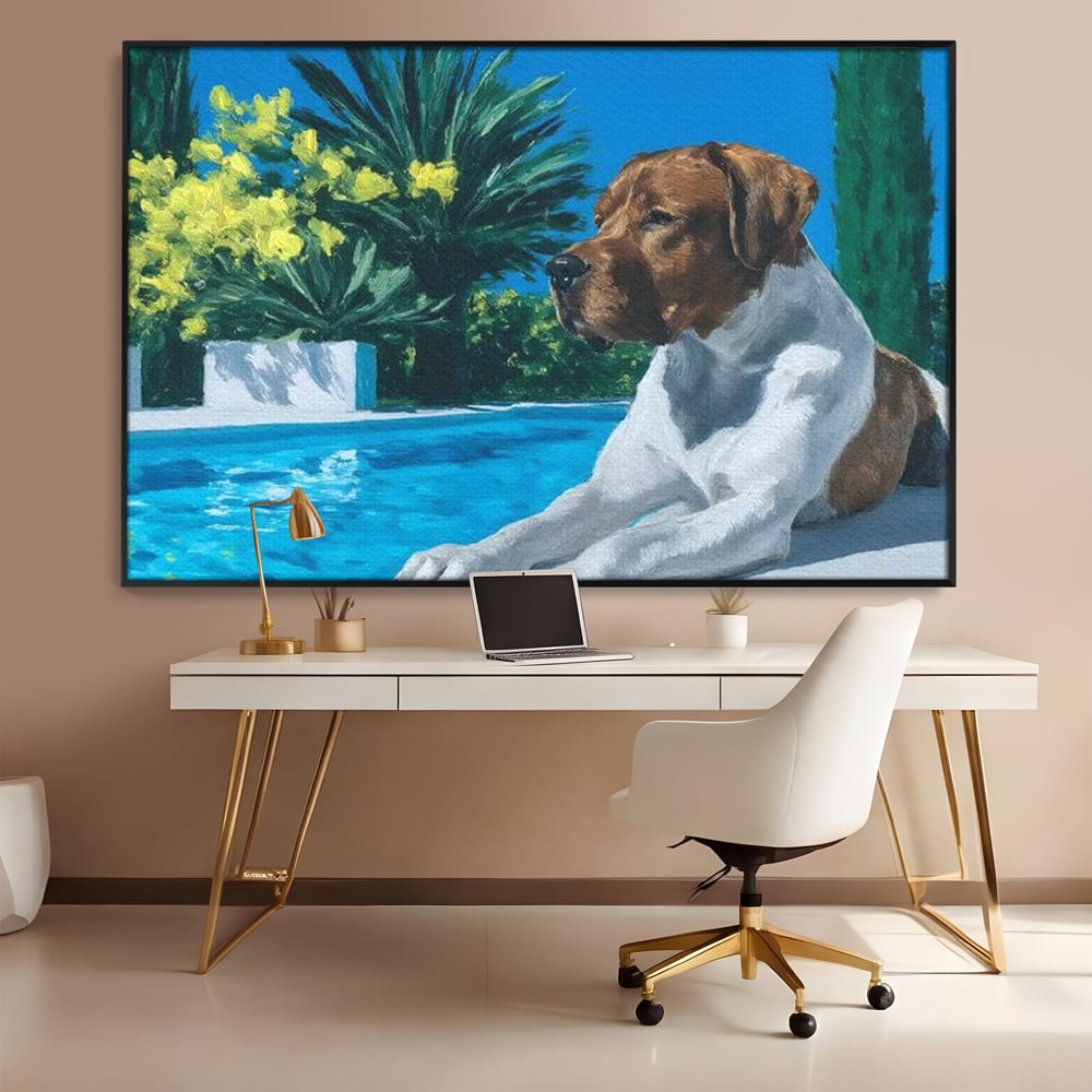 Tablou Canvas Premium, LuxCanva® M1296, In Paradisul Verii, Piscina, Apa, Vacanta, Relaxare, Vegetatie, Vara, Caldura, Caine, Soare, Rasfat, Lux, Birou, Living, Camera Copil