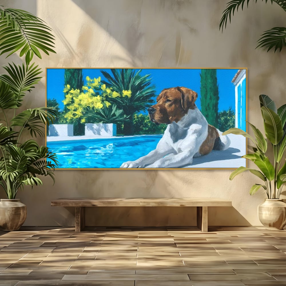 Tablou Canvas Premium, LuxCanva® M1296, In Paradisul Verii, Piscina, Apa, Vacanta, Relaxare, Vegetatie, Vara, Caldura, Caine, Soare, Rasfat, Lux, Birou, Living, Camera Copil