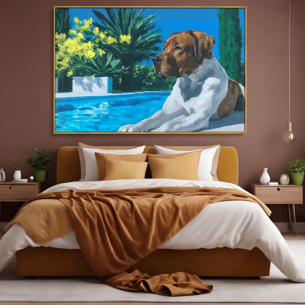 Tablou Canvas Premium, LuxCanva® M1296, In Paradisul Verii, Piscina, Apa, Vacanta, Relaxare, Vegetatie, Vara, Caldura, Caine, Soare, Rasfat, Lux, Birou, Living, Camera Copil