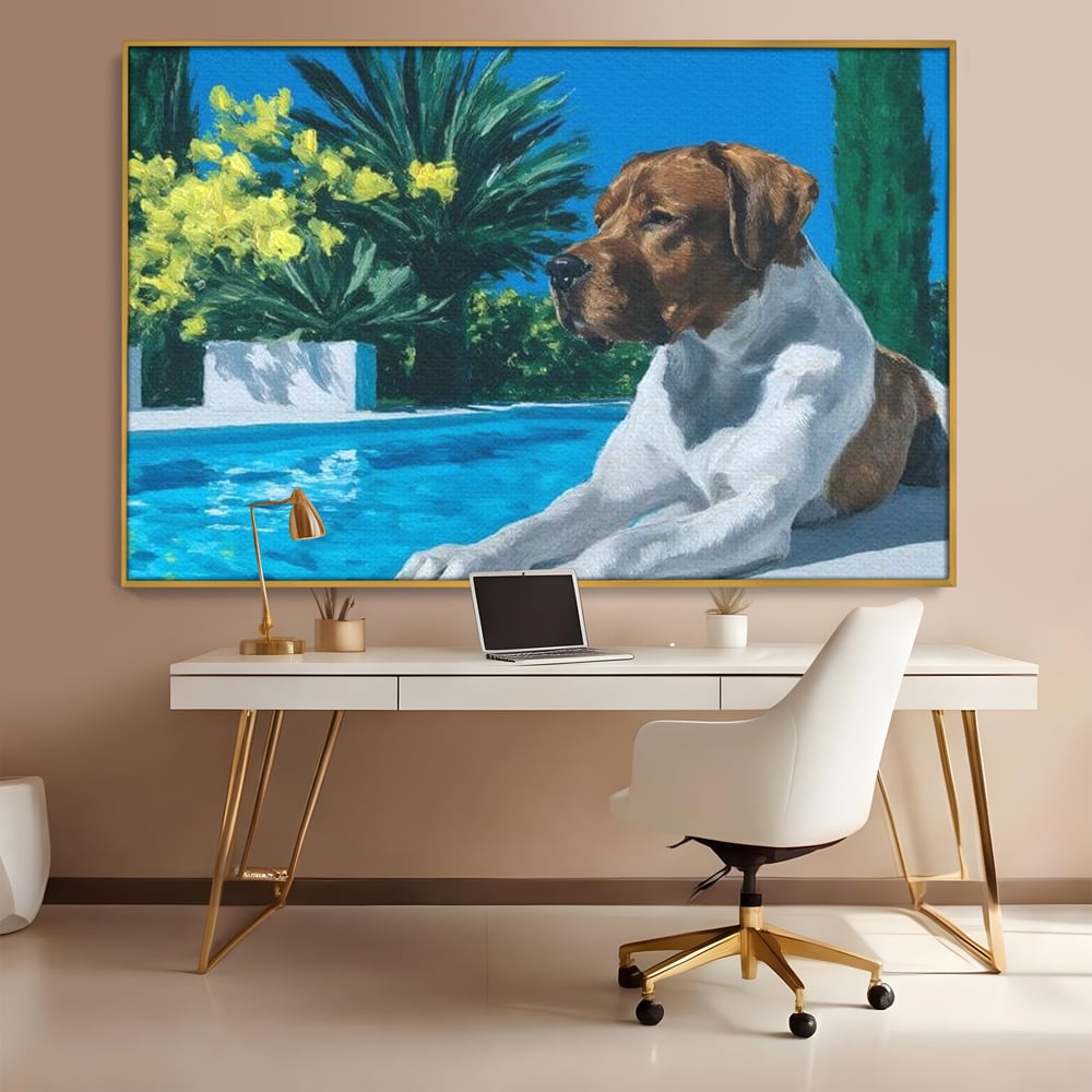 Tablou Canvas Premium, LuxCanva® M1296, In Paradisul Verii, Piscina, Apa, Vacanta, Relaxare, Vegetatie, Vara, Caldura, Caine, Soare, Rasfat, Lux, Birou, Living, Camera Copil