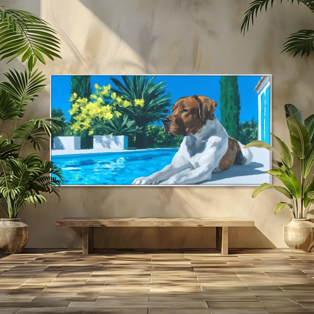 Tablou Canvas Premium, LuxCanva® M1296, In Paradisul Verii, Piscina, Apa, Vacanta, Relaxare, Vegetatie, Vara, Caldura, Caine, Soare, Rasfat, Lux, Birou, Living, Camera Copil