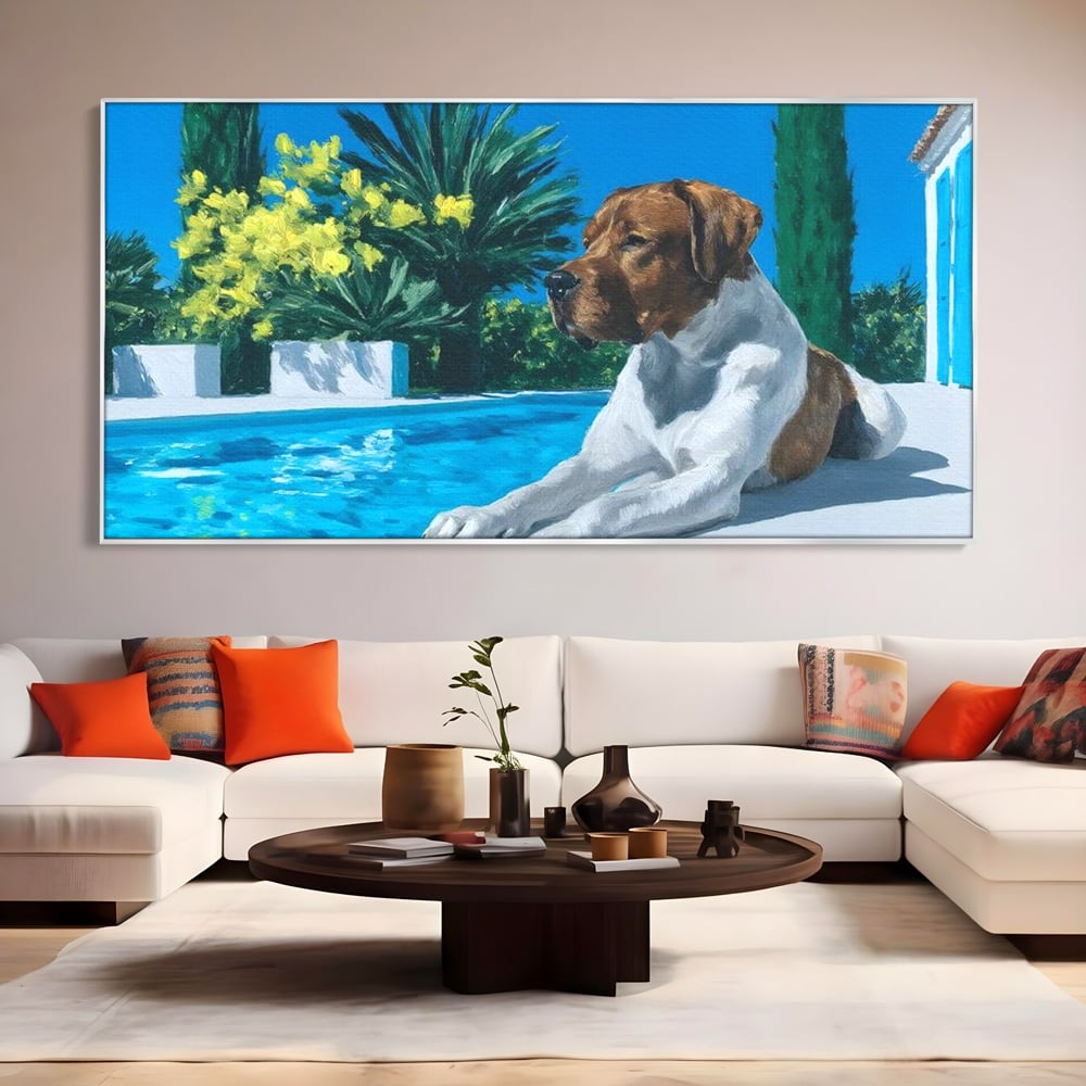 Tablou Canvas Premium, LuxCanva® M1296, In Paradisul Verii, Piscina, Apa, Vacanta, Relaxare, Vegetatie, Vara, Caldura, Caine, Soare, Rasfat, Lux, Birou, Living, Camera Copil