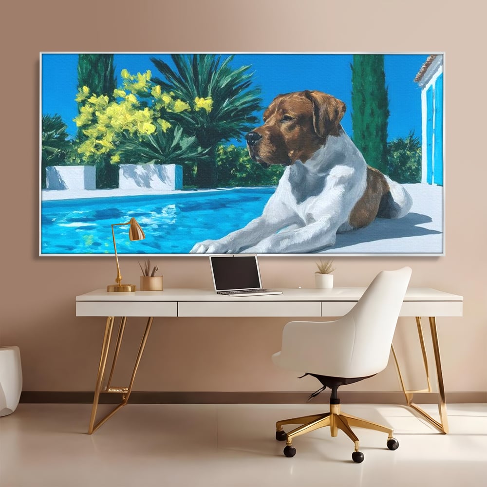 Tablou Canvas Premium, LuxCanva® M1296, In Paradisul Verii, Piscina, Apa, Vacanta, Relaxare, Vegetatie, Vara, Caldura, Caine, Soare, Rasfat, Lux, Birou, Living, Camera Copil