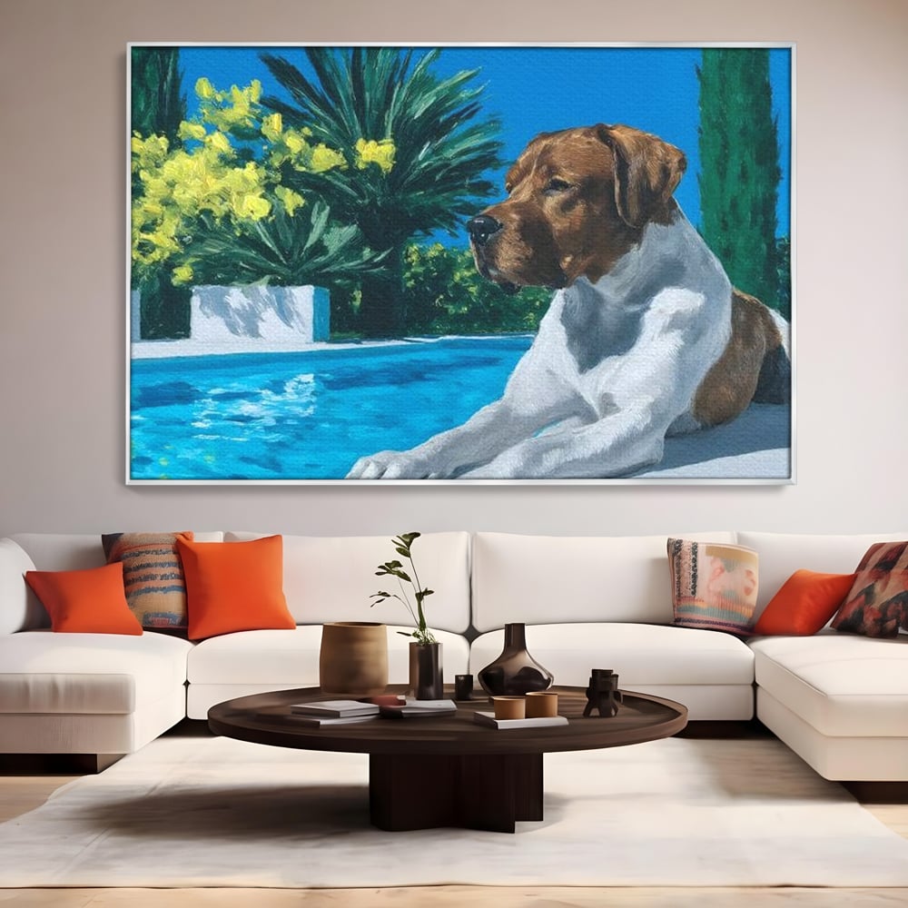 Tablou Canvas Premium, LuxCanva® M1296, In Paradisul Verii, Piscina, Apa, Vacanta, Relaxare, Vegetatie, Vara, Caldura, Caine, Soare, Rasfat, Lux, Birou, Living, Camera Copil