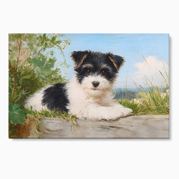Tablou Canvas Premium, LuxCanva® M1298, Vreme de Joaca, Catel, Pui, Blanita, Iarba, Inocent, Rustic, Copilarie, Privire, Portret, Pictura, Birou, Living, Camera Copil