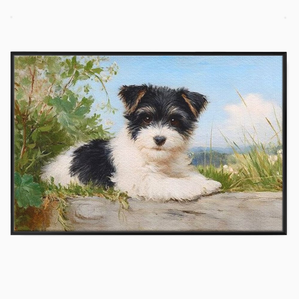 Tablou Canvas Premium, LuxCanva® M1298, Vreme de Joaca, Catel, Pui, Blanita, Iarba, Inocent, Rustic, Copilarie, Privire, Portret, Pictura, Birou, Living, Camera Copil