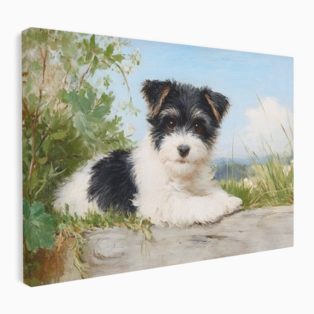 Tablou Canvas Premium, LuxCanva® M1298, Vreme de Joaca, Catel, Pui, Blanita, Iarba, Inocent, Rustic, Copilarie, Privire, Portret, Pictura, Birou, Living, Camera Copil