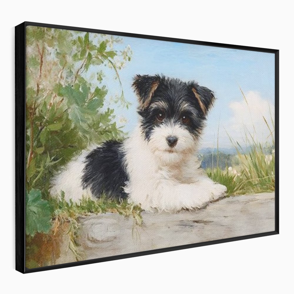 Tablou Canvas Premium, LuxCanva® M1298, Vreme de Joaca, Catel, Pui, Blanita, Iarba, Inocent, Rustic, Copilarie, Privire, Portret, Pictura, Birou, Living, Camera Copil