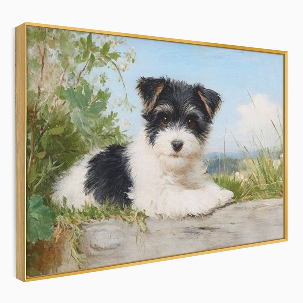 Tablou Canvas Premium, LuxCanva® M1298, Vreme de Joaca, Catel, Pui, Blanita, Iarba, Inocent, Rustic, Copilarie, Privire, Portret, Pictura, Birou, Living, Camera Copil