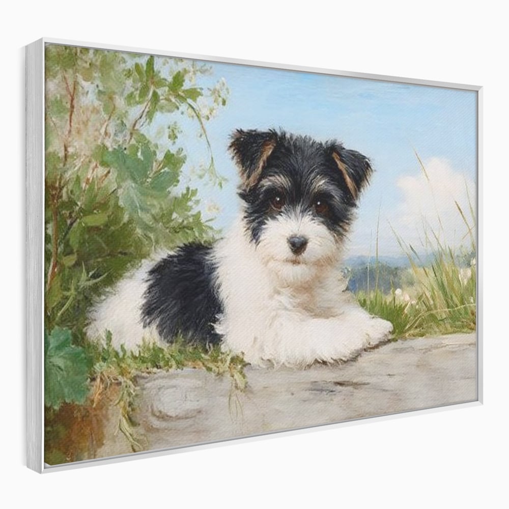 Tablou Canvas Premium, LuxCanva® M1298, Vreme de Joaca, Catel, Pui, Blanita, Iarba, Inocent, Rustic, Copilarie, Privire, Portret, Pictura, Birou, Living, Camera Copil