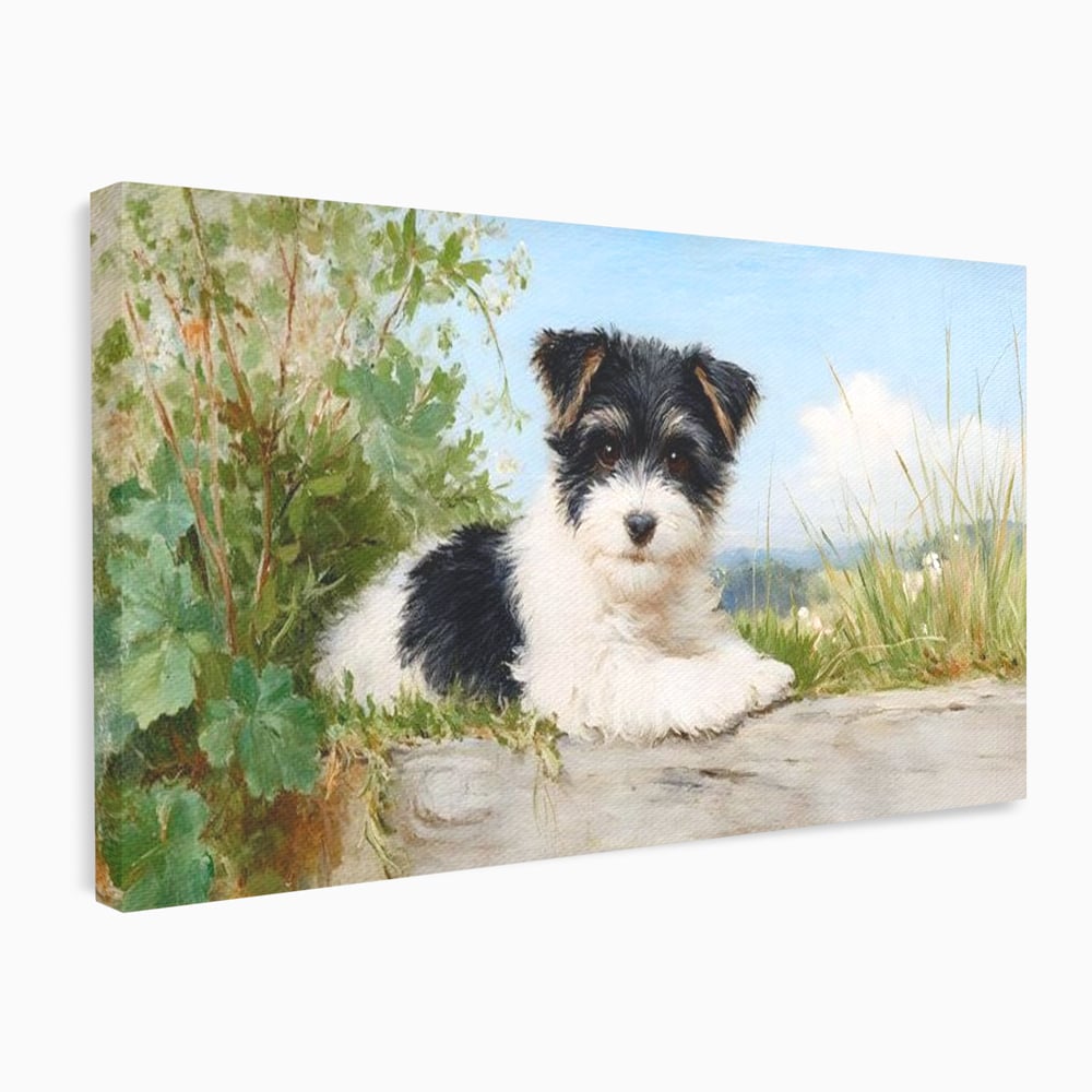 Tablou Canvas Premium, LuxCanva® M1298, Vreme de Joaca, Catel, Pui, Blanita, Iarba, Inocent, Rustic, Copilarie, Privire, Portret, Pictura, Birou, Living, Camera Copil