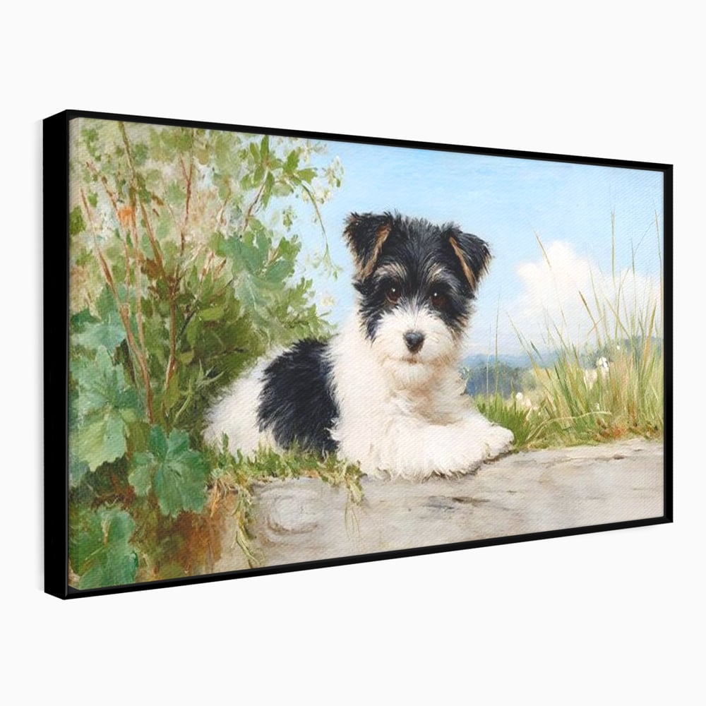 Tablou Canvas Premium, LuxCanva® M1298, Vreme de Joaca, Catel, Pui, Blanita, Iarba, Inocent, Rustic, Copilarie, Privire, Portret, Pictura, Birou, Living, Camera Copil