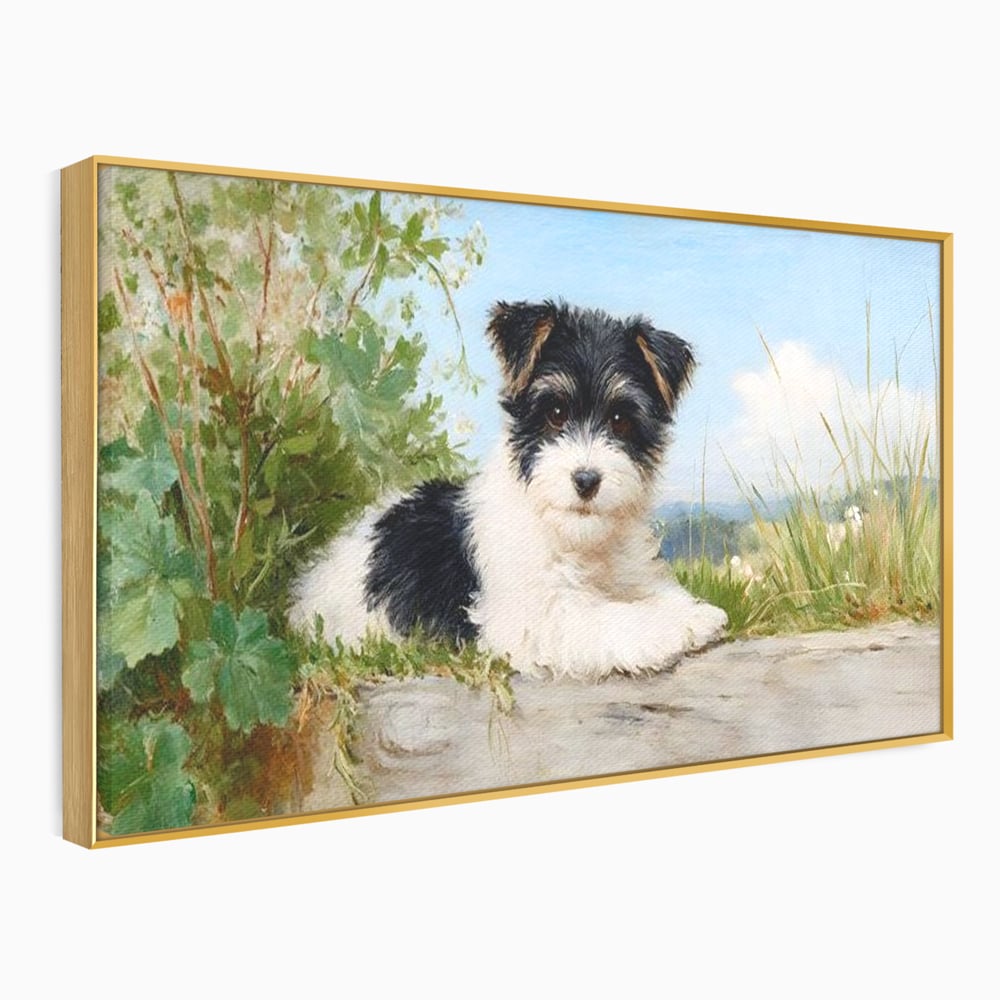 Tablou Canvas Premium, LuxCanva® M1298, Vreme de Joaca, Catel, Pui, Blanita, Iarba, Inocent, Rustic, Copilarie, Privire, Portret, Pictura, Birou, Living, Camera Copil