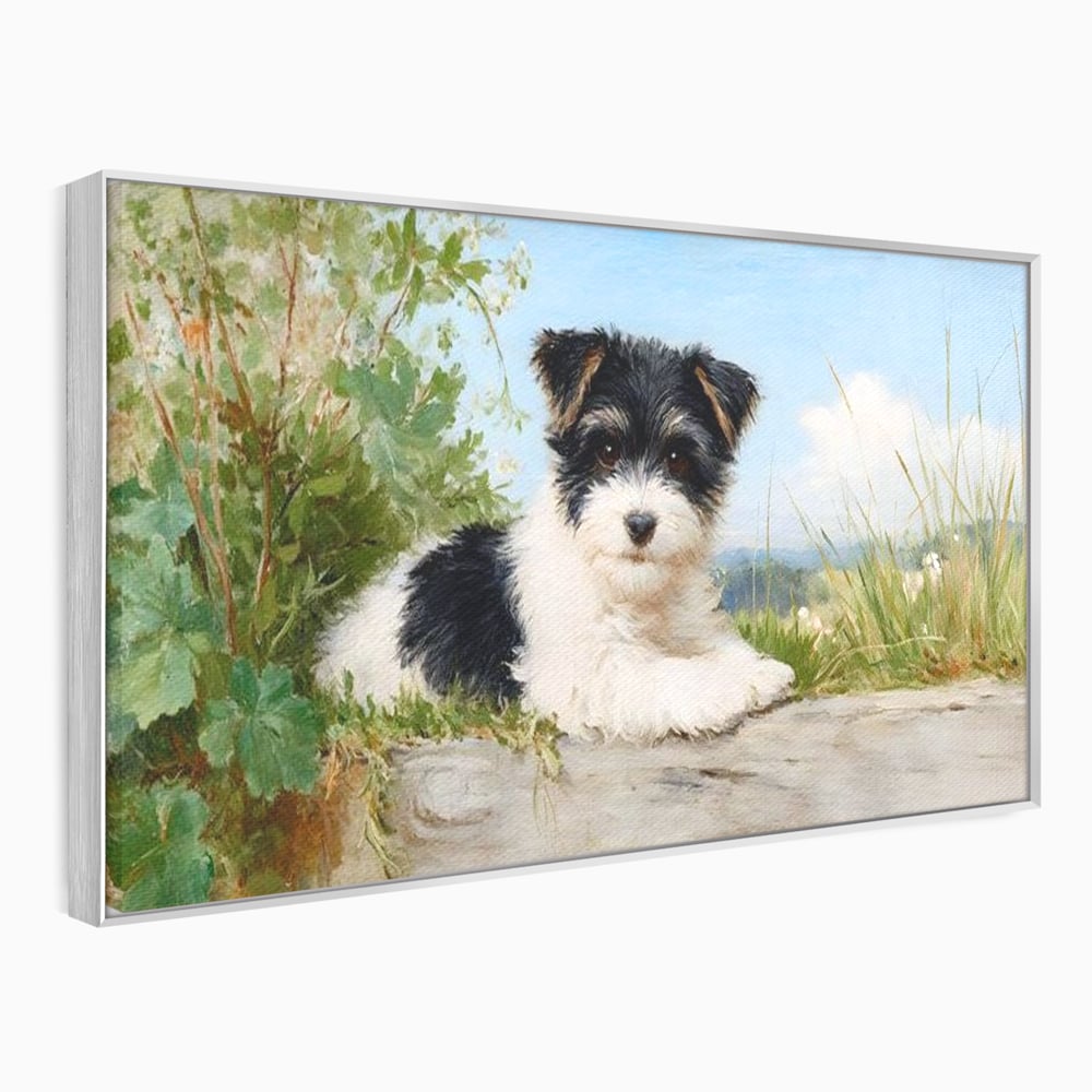 Tablou Canvas Premium, LuxCanva® M1298, Vreme de Joaca, Catel, Pui, Blanita, Iarba, Inocent, Rustic, Copilarie, Privire, Portret, Pictura, Birou, Living, Camera Copil