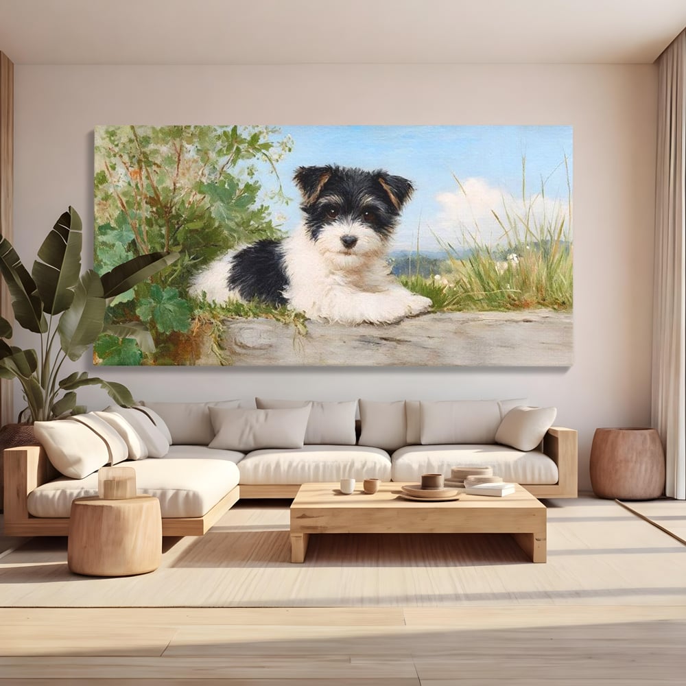 Tablou Canvas Premium, LuxCanva® M1298, Vreme de Joaca, Catel, Pui, Blanita, Iarba, Inocent, Rustic, Copilarie, Privire, Portret, Pictura, Birou, Living, Camera Copil
