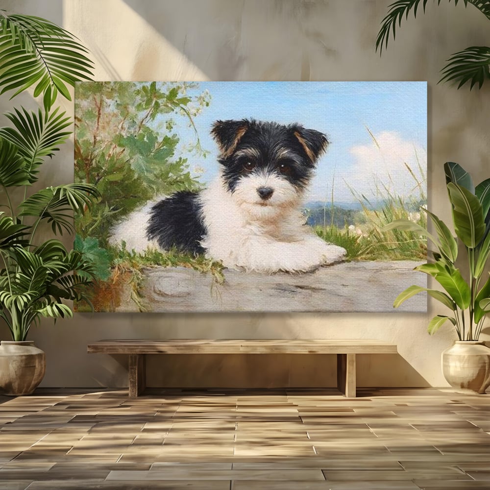 Tablou Canvas Premium, LuxCanva® M1298, Vreme de Joaca, Catel, Pui, Blanita, Iarba, Inocent, Rustic, Copilarie, Privire, Portret, Pictura, Birou, Living, Camera Copil