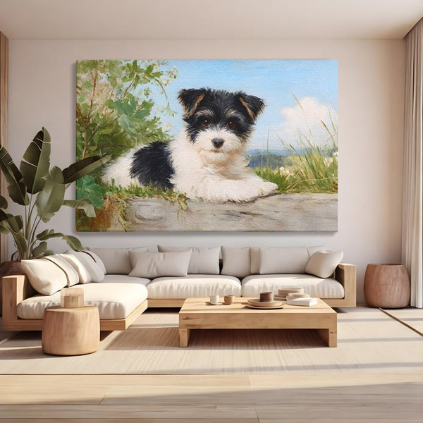 Tablou Canvas Premium, LuxCanva® M1298, Vreme de Joaca, Catel, Pui, Blanita, Iarba, Inocent, Rustic, Copilarie, Privire, Portret, Pictura, Birou, Living, Camera Copil
